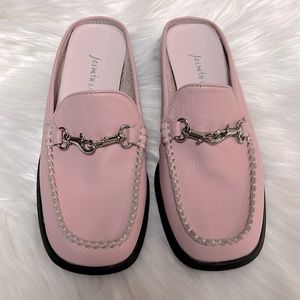 Jasmine East pink leather mules.
